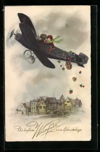 Künstler-AK Hannes Petersen: Kinder werfen Blumen und Päckchen aus einem Flugzeug, Bonne Année