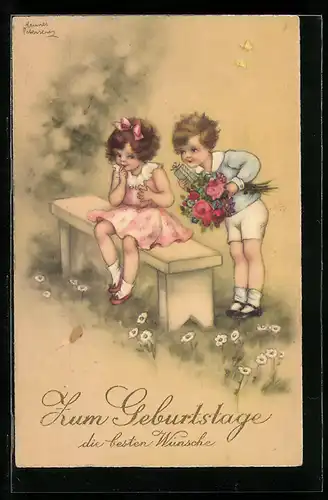 Künstler-AK Hannes Petersen: Junge gibt Mädchen Blumenstrauss und Geschenk