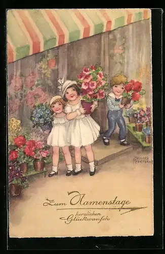 Künstler-AK Hannes Petersen: Junge Frauen vor dem Blumenladen