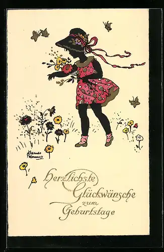 Künstler-AK Hannes Petersen: Mädchen mit Blumen und Schmetterlingen