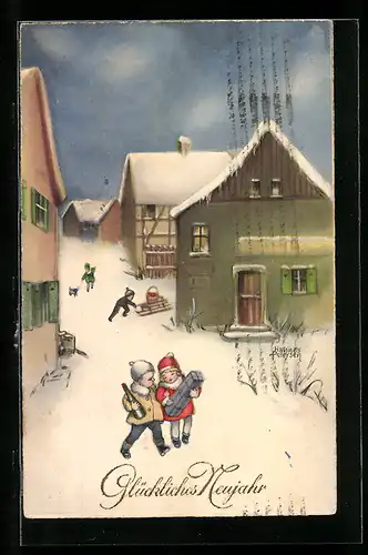 Künstler-AK Hannes Petersen: Kleines Pärchen mit Sekt und Geschenk