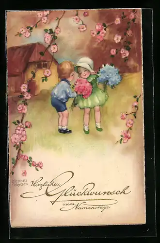 Künstler-AK Hannes Petersen: Kleines Pärchen mit Blumensträussen