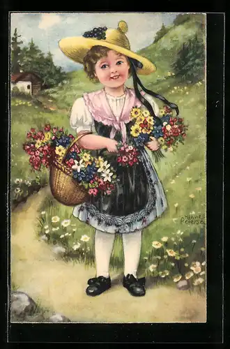 Künstler-AK Hannes Petersen: Lächelndes Mädchen mit Hut und bunten Wiesenblumen