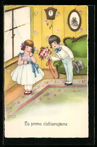 Künstler-AK Hannes Petersen: Junge mit Blumen und Mädchen