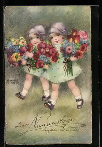 Künstler-AK Hannes Petersen: Zwei niedliche Mädchen bringen Blumen zum Namenstag