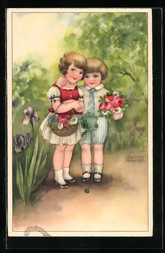 Künstler-AK Hannes Petersen: Kleines Pärchen mit Blumenstrauss und Korb