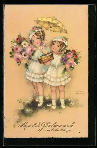 Künstler-AK Hannes Petersen: zwei süsse Kinder mit Blumen und Kuchen, Bonne Fete