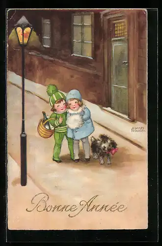 Künstler-AK Hannes Petersen: Pärchen mit Wein und Hund