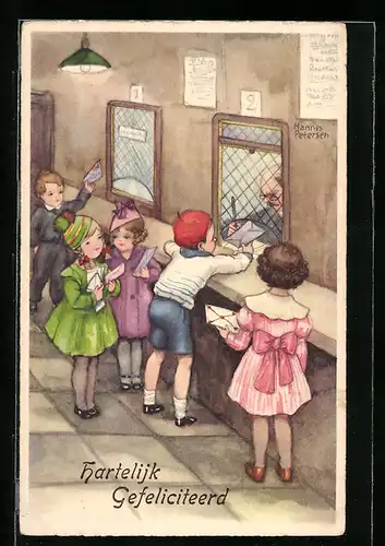 Künstler-AK Hannes Petersen: Kleine Menschen reichen Briefe ein