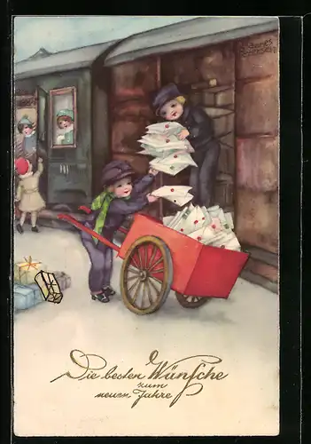 Künstler-AK Hannes Petersen: Kinder mit Briefen im Karren und Paketen am Zug, Neujahrsgruss