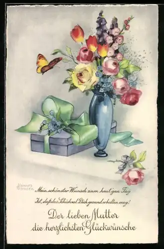 Künstler-AK Hannes Petersen: Blumenstrauss mit Geschenk und Schmetterling