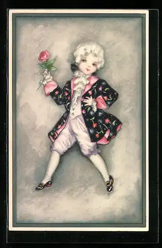 Künstler-AK Hannes Petersen: Kleiner Junge mit Perücke und Rose