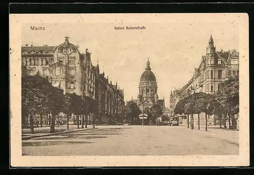 AK Mainz, Untere Kaiserstrasse mit Kirche