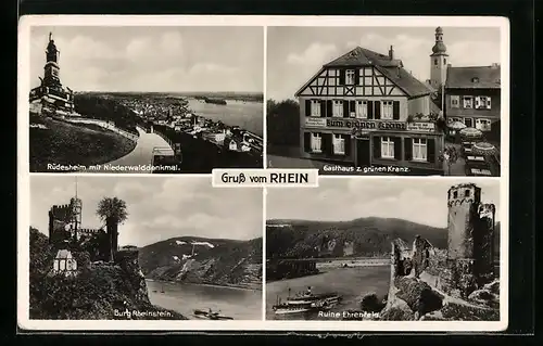 AK Rüdesheim /Rh., Gasthaus zum grünen Kranz H. Nägler, Burg Rheinstein, Ortsansicht mit Niederwalddenkmal