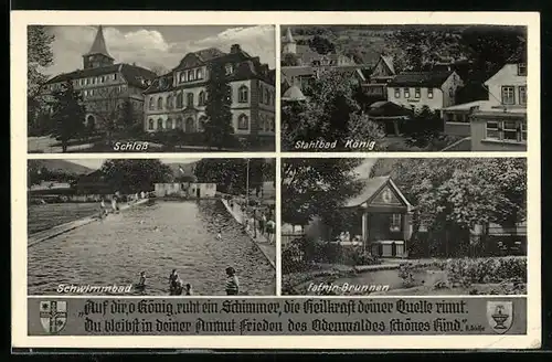 AK Stahlbad König /Odenw., Schwimmbad, Fafnir-Brunnen, Stahlbad König, Wappen