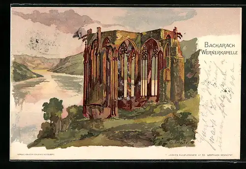 Künstler-AK C. Pfaff: Bacharach, Wernerkapelle auf einem Berg, Ruine
