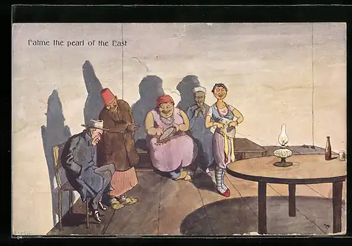 Künstler-AK Rudolf Pick: Fatme the pearl of the East, Familienoberhaupt preist seine heiratsfähige Tochter an