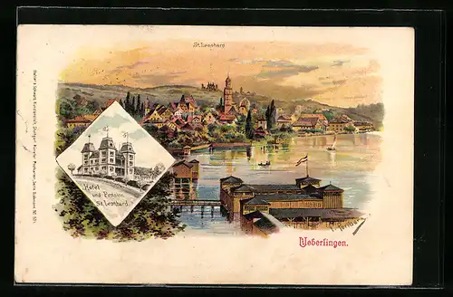 Künstler-AK Friedrich Perlberg: Ueberlingen, Hotel und Pension St. Leonhard, Ortsansicht