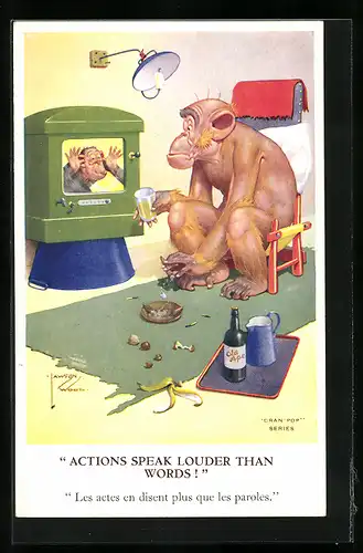 Künstler-AK Lawson Wood: rauchender Affe vor einem Fernseher, Actions speak louder than words
