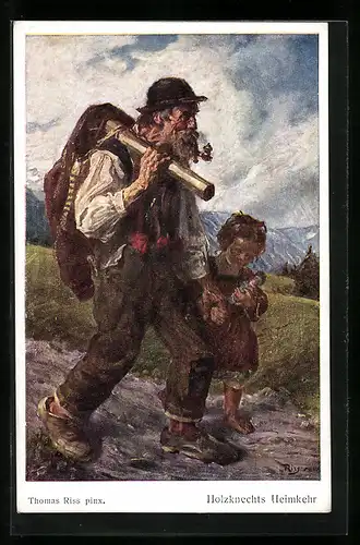 Künstler-AK Thomas Riss: Holzknecht kehrt mit seiner Enkelin heim
