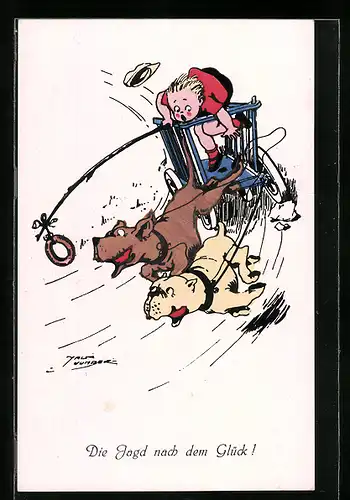 Künstler-AK Jack Number: Kind im rasenden Hundewagen