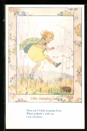 Künstler-AK Margaret W. Tarrant: Little Jumping Joan, Mädchen hüpft fröhlich zwischen Igel und Kaninchen