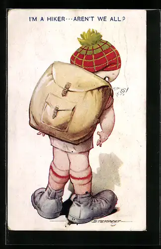 Künstler-AK Douglas Tempest: Kleiner Wanderer mit Rucksack