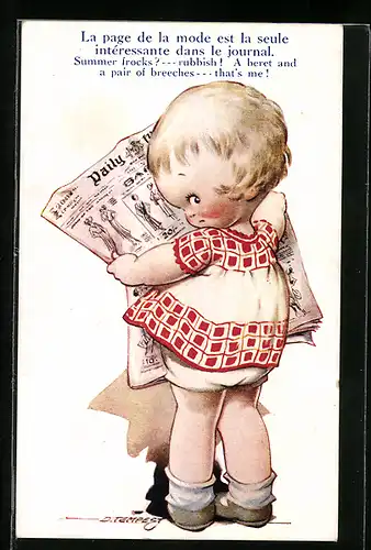Künstler-AK Douglas Tempest: Kleine Zeitungsleserin studiert die Mode
