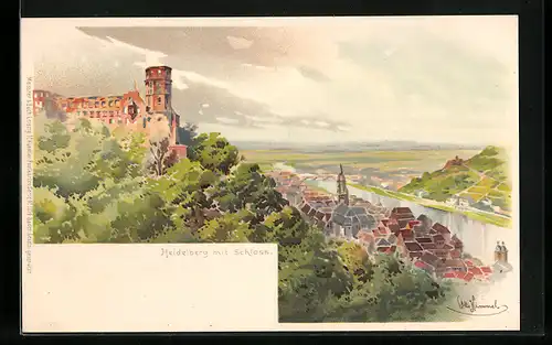 Künstler-AK Fritz Reiss: Heidelberg, Ortsansicht mit Schloss