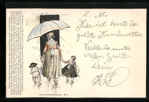 Künstler-AK Fritz Reiss: Frau in Schwarzwälder Tracht mit ihren beiden Kindern im Regen