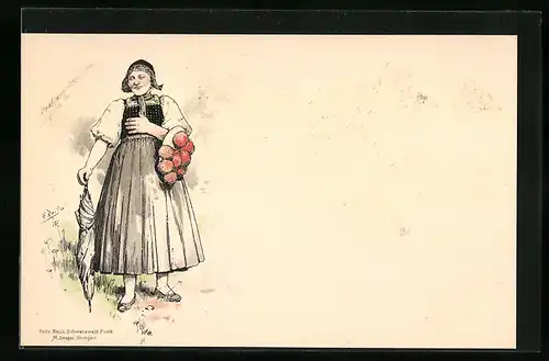Künstler-AK Fritz Reiss: Frau in Tracht mit Bollenhut und Schirm