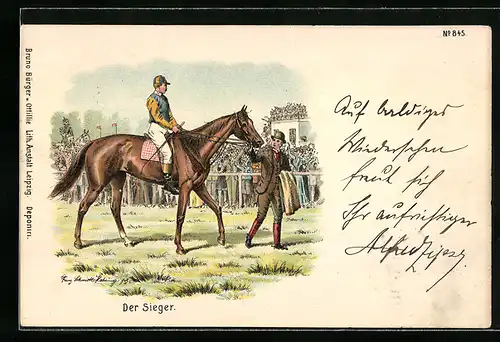 Künstler-AK Bruno Bürger & Ottillie Nr. 845: der Sieger, Jockey auf seinem Pferd