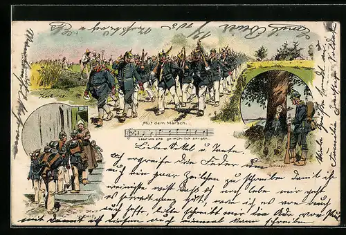 Künstler-AK Bruno Bürger & Ottillie Nr. 6916: Soldaten singen Auf dem Marsch, Halt im Dorf