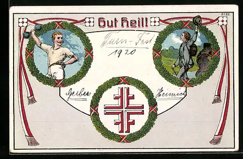 Künstler-AK Bruno Bürger & Ottillie Nr. 8151: Gut heil!, Turner mit Hantel, Wandernder Turner