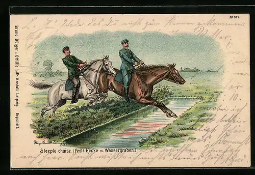 Künstler-AK Bruno Bürger & Ottillie Nr. 844: Steeple chaise, Soldaten auf Pferden im Hindernisparcour