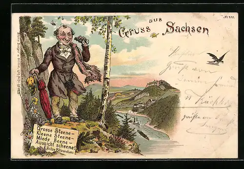 Künstler-AK Bruno Bürger & Ottillie Nr. 255: Grosse Steene, Kleene Steen, Miede Beene, Aussicht scheene! Fritz Bliemchen