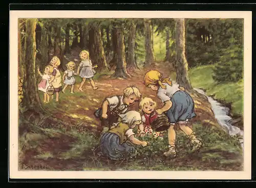 Künstler-AK Franziska Schenkel: Kinder sammeln Beeren
