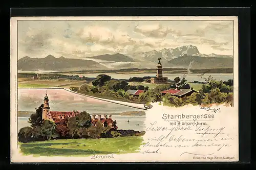Künstler-AK Otto Strützel: Bernried, Starnbergersee, Blick auf den Bismarckturm