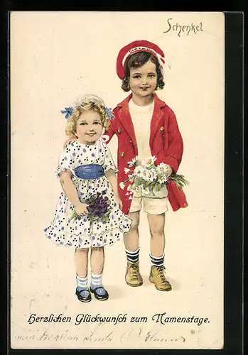 Künstler-AK Franziska Schenkel: Geschwister mit Blumensträussen