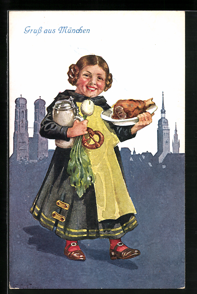 Künstler-AK Ernst Schlemo: München, Münchner Kindl mit Schweinshaxe und ...