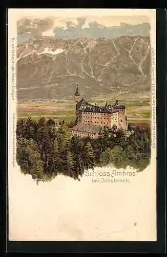 Künstler-AK Otto Strützel: Innsbruck, Schloss Ambras, Alpenpanorama