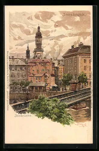 Künstler-Lithographie Otto Strützel: Innsbruck, Partie an der Innbrücke