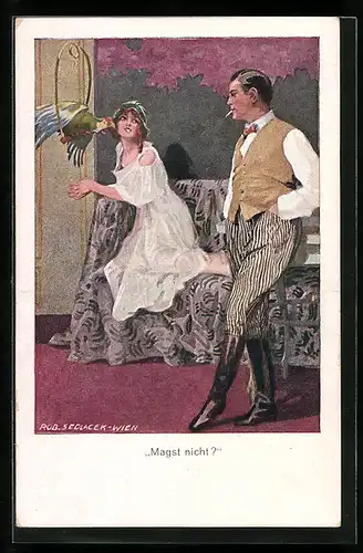 Künstler-AK Robert Sedlacek: Mann betrachtet eifersüchtig die Frau mit ihrem Papagei