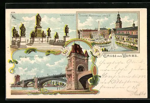 Lithographie Worms, Lutherdenkmal, Denkmal Grossherzog Ludwig IV., Neue Strassenbrücke