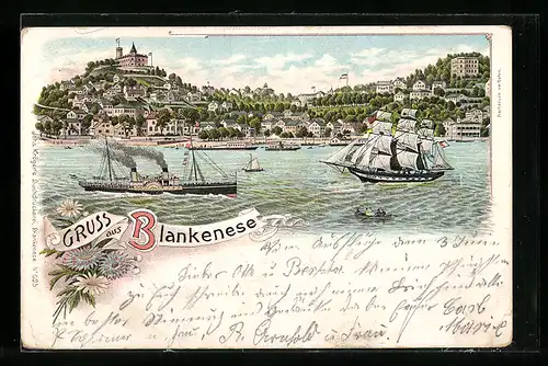 Lithographie Hamburg-Blankenese, Dampfer und Segelschiff auf der Elbe