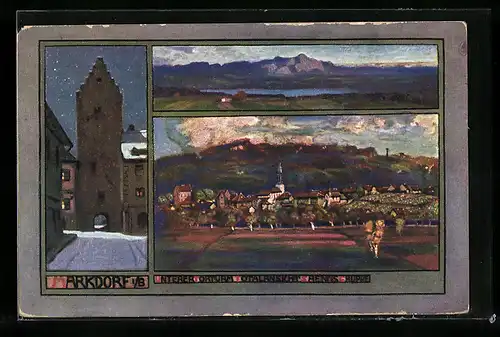 Künstler-AK Markdorf i. B., Unterer Torturm, Totalansicht und Saentisgruppe