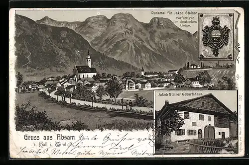 Lithographie Absam, Jakob Steiner Geburtshaus, Denkmal für Jakob Steiner, Ortsansicht