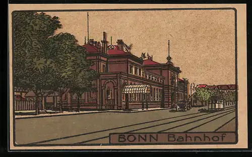 Steindruck-AK Bonn, Strassenbahn vor dem Bahnhof