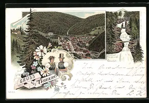 Lithographie Triberg, Ortsansicht, Wasserfall und Frauen in Tracht
