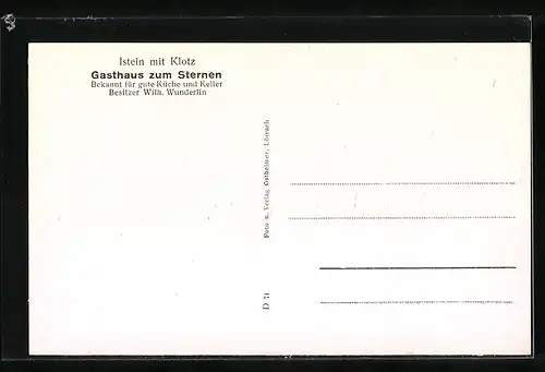 AK Istein, Gasthaus zum Sternen, Bes. Wilh. Wunderlin, Ortsansicht mit Klotz